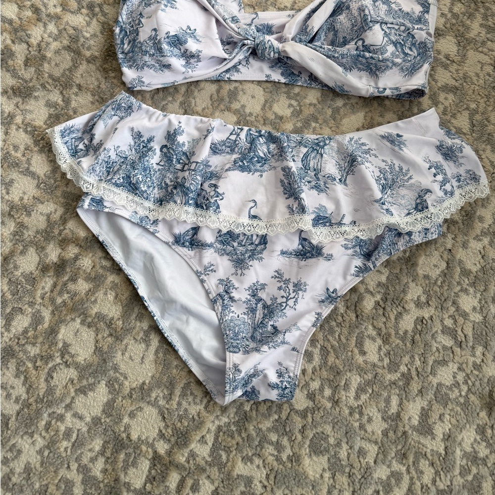 Cider White and Blue Toile Print Ruffle Bikini - Picture 3 of 4